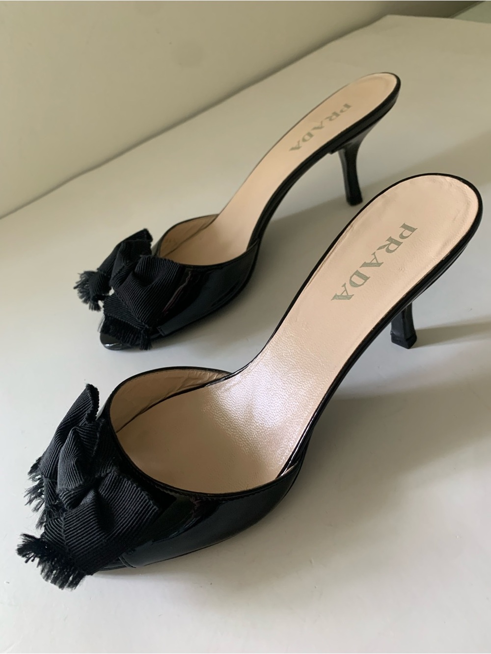 Prada Heeled Black Patent Leather Grosgrain Bow Peep-Toe Mules Heels, 36.5